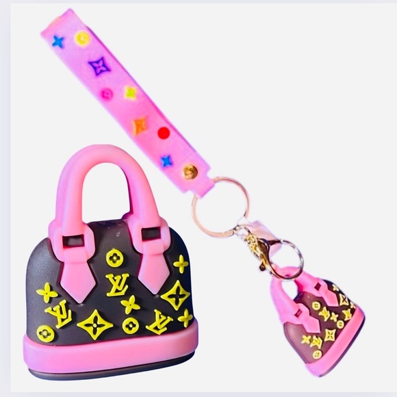 BAG CHARM/KEYCHAIN: Chocolate Brown and Pink Purse w/Wristlet, Custom. EUC